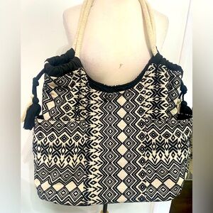 Black and Cream Patterned Tote Bag with Side Pockets